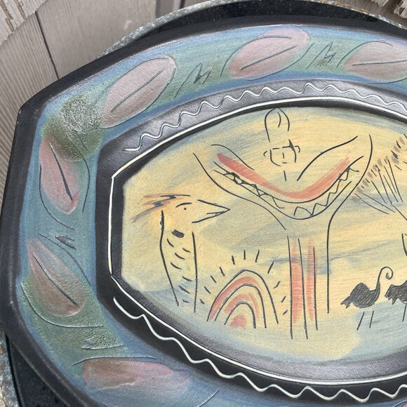 Laurie Rolland Signed Pottery Platter Dish Canadian Artist Stylized Nature Birds - Picture 2 of 7